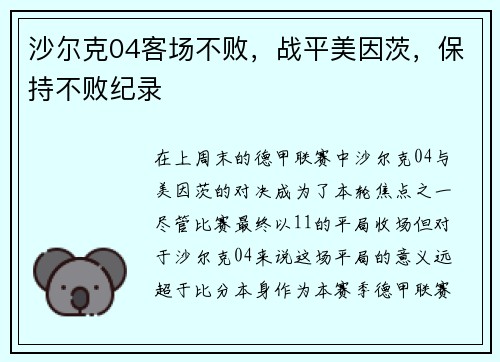 沙尔克04客场不败，战平美因茨，保持不败纪录