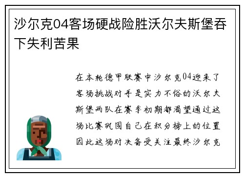 沙尔克04客场硬战险胜沃尔夫斯堡吞下失利苦果