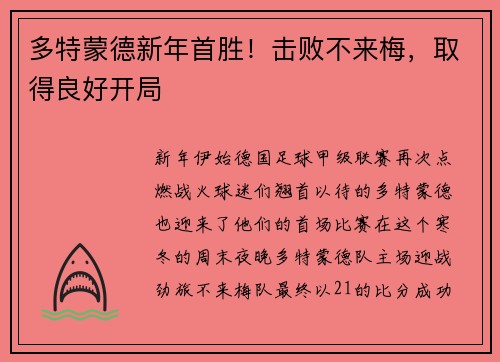 多特蒙德新年首胜！击败不来梅，取得良好开局