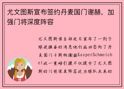 尤文图斯宣布签约丹麦国门谢赫，加强门将深度阵容