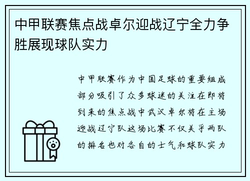 中甲联赛焦点战卓尔迎战辽宁全力争胜展现球队实力