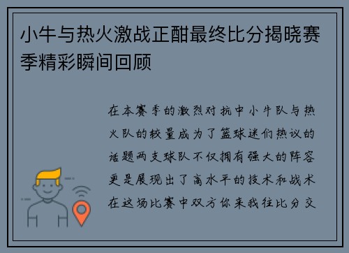 小牛与热火激战正酣最终比分揭晓赛季精彩瞬间回顾