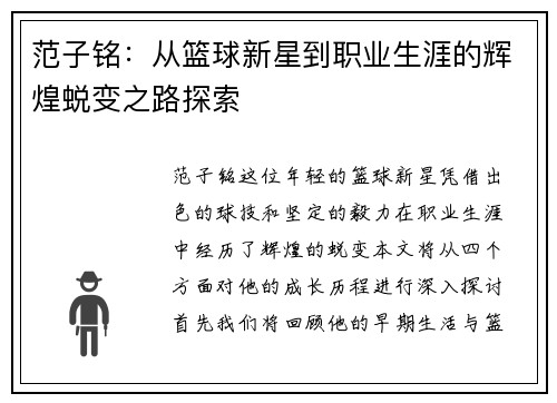 范子铭：从篮球新星到职业生涯的辉煌蜕变之路探索