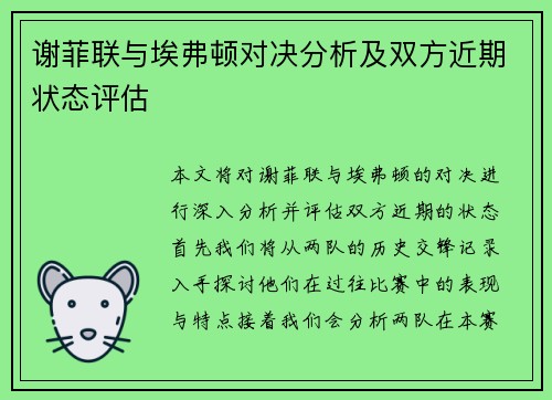 谢菲联与埃弗顿对决分析及双方近期状态评估