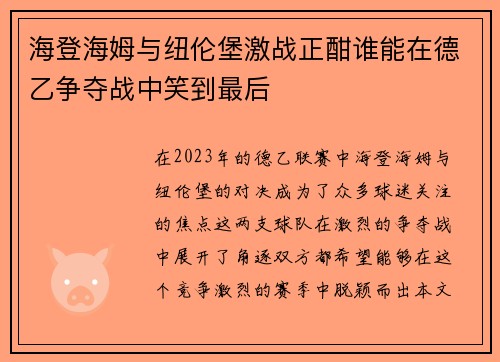 海登海姆与纽伦堡激战正酣谁能在德乙争夺战中笑到最后