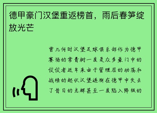 德甲豪门汉堡重返榜首，雨后春笋绽放光芒