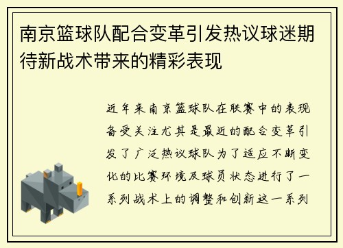 南京篮球队配合变革引发热议球迷期待新战术带来的精彩表现
