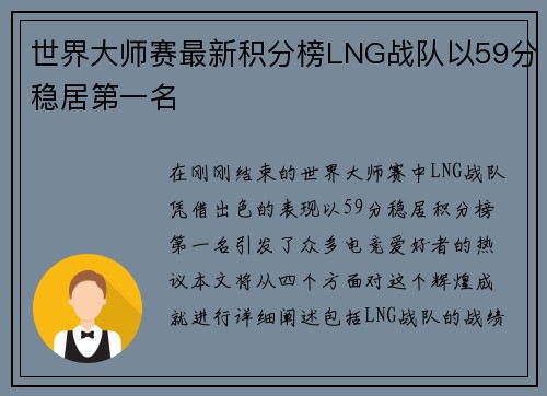 世界大师赛最新积分榜LNG战队以59分稳居第一名