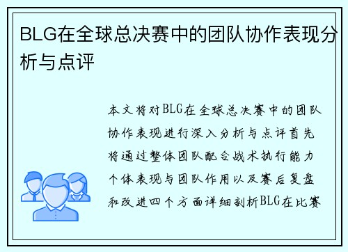 BLG在全球总决赛中的团队协作表现分析与点评