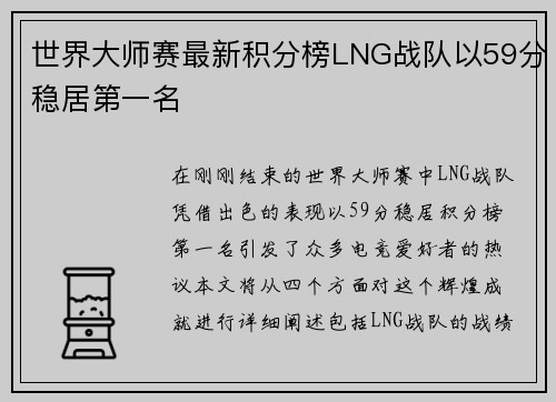 世界大师赛最新积分榜LNG战队以59分稳居第一名
