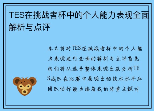 TES在挑战者杯中的个人能力表现全面解析与点评