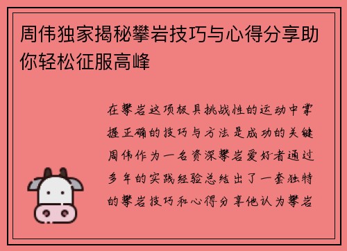 周伟独家揭秘攀岩技巧与心得分享助你轻松征服高峰