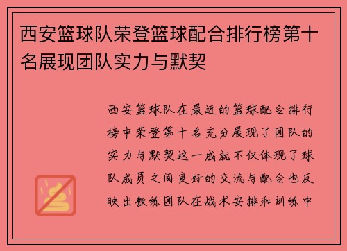西安篮球队荣登篮球配合排行榜第十名展现团队实力与默契